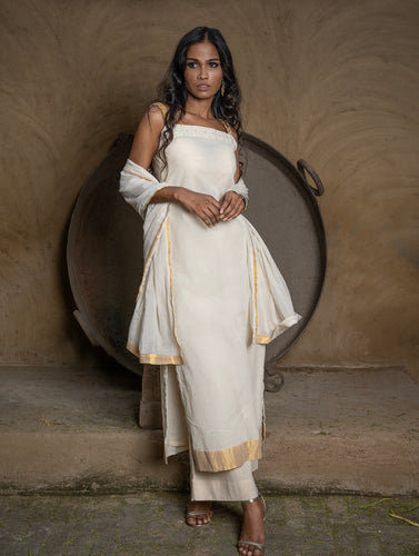 Classic Elegance. The Kerala Kasavu Cotton & Zari Ethnic Set (Set of 3) - White & Gold