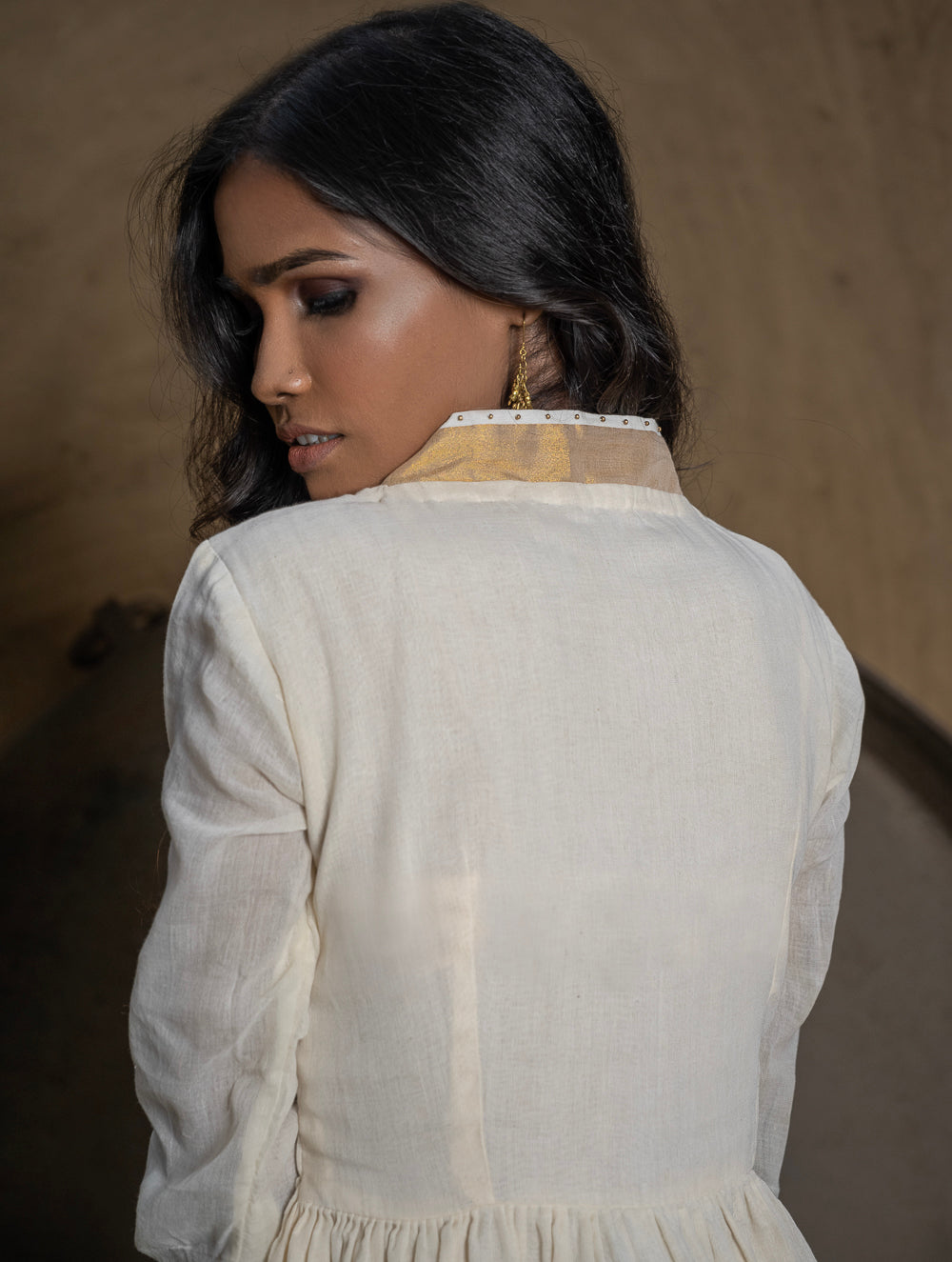 Classic Elegance. The Kerala Kasavu Cotton & Zari Long Ethnic Kurta / Dress - White & Gold. 
