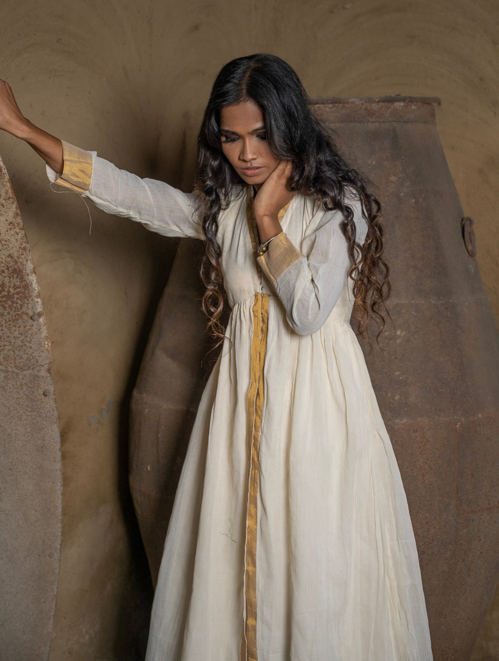 Classic Elegance. The Kerala Kasavu Cotton & Zari Long Ethnic Kurta / Dress - White & Gold. 