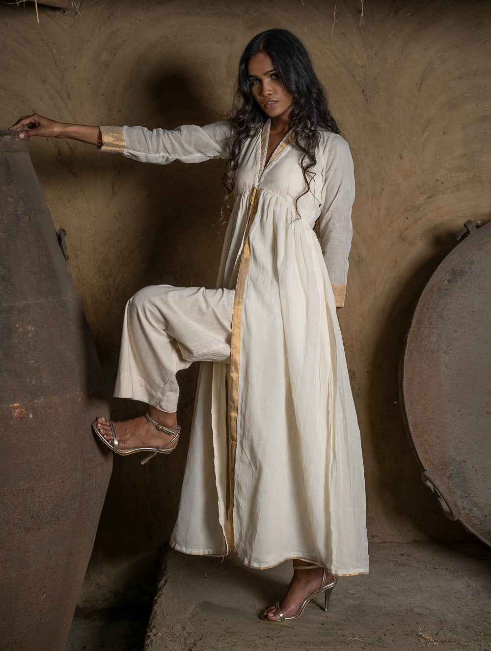 Classic Elegance. The Kerala Kasavu Cotton & Zari Long Ethnic Kurta / Dress - White & Gold. 