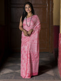 Cool & Light. Dabu Block Printed Cotton Mulmul Saree - Summer Pink (With Blouse Piece)
