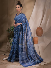 Dabu Block Printed Chanderi Saree - Leaf (With Blouse Piece)