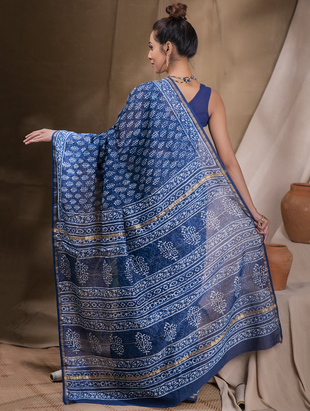 Dabu Block Printed Chanderi Saree - Leaf (With Blouse Piece)