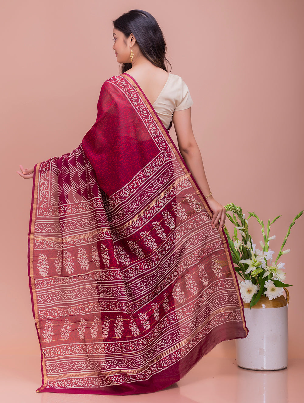 acchhh » Raspberry Pink Dabu printed Linen Cotton Saree – Natural dyed
