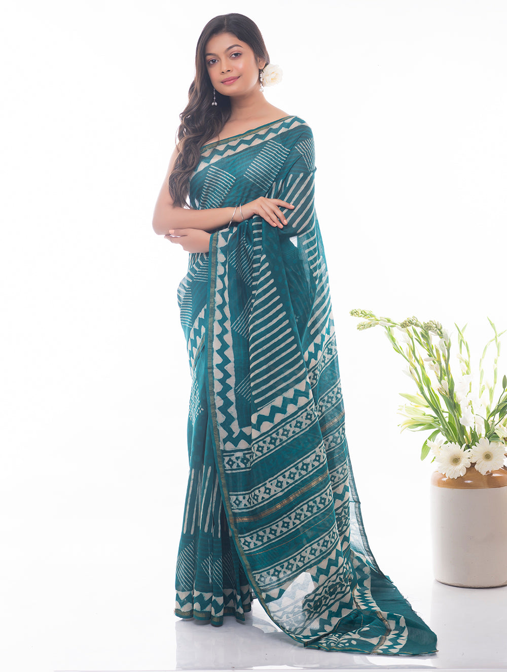 Dabu Block Printed Chanderi Saree - Green Geometrics