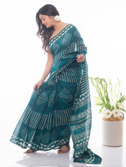 Dabu Block Printed Chanderi Saree - Green Geometrics