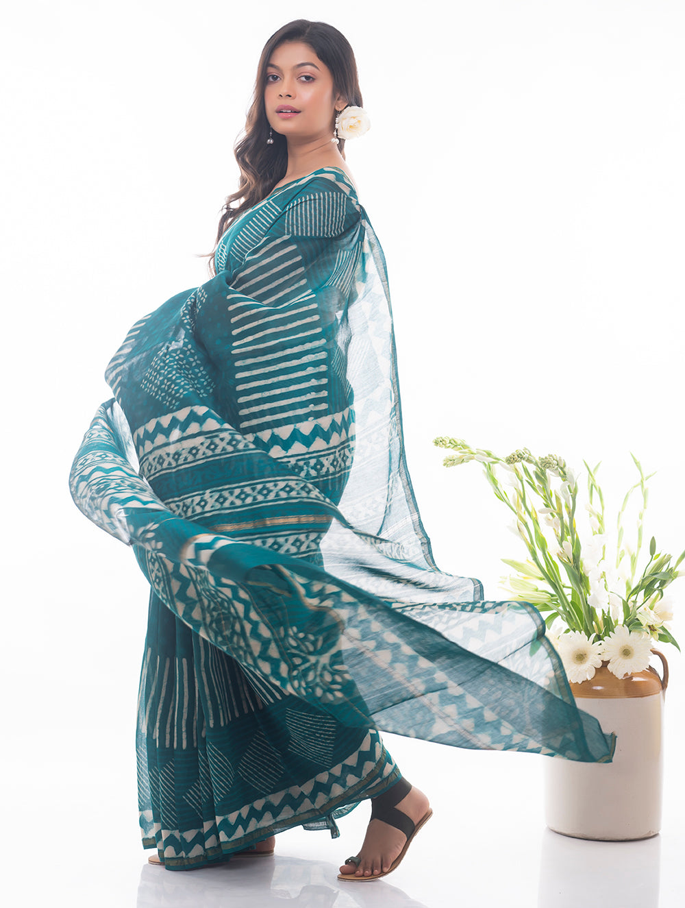 Dabu Block Printed Chanderi Saree - Green Geometrics