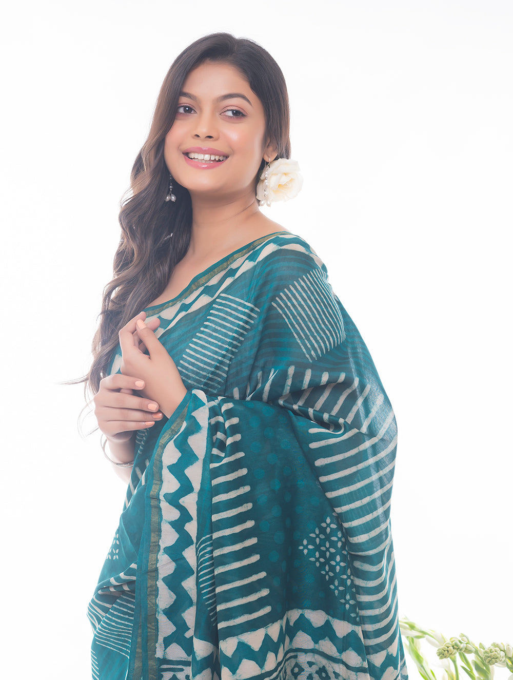 Dabu Block Printed Chanderi Saree - Green Geometrics