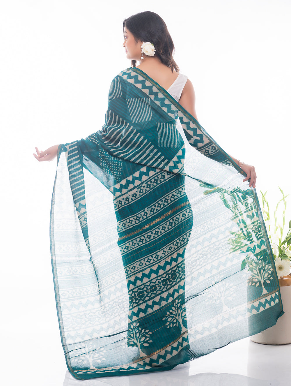 Dabu Block Printed Chanderi Saree - Green Geometrics