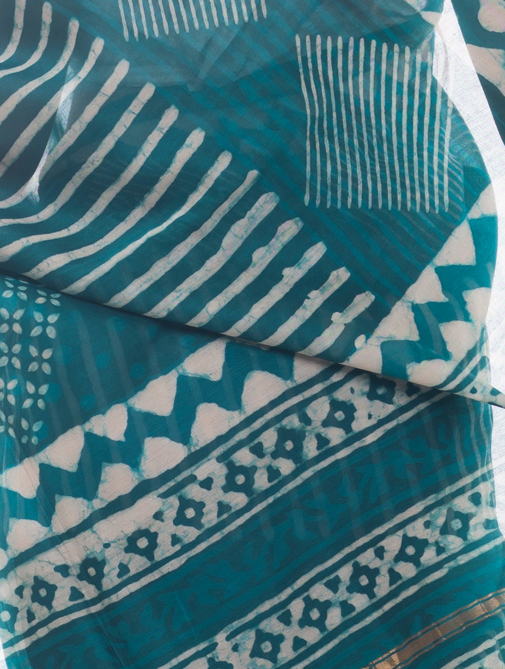 Dabu Block Printed Chanderi Saree - Green Geometrics