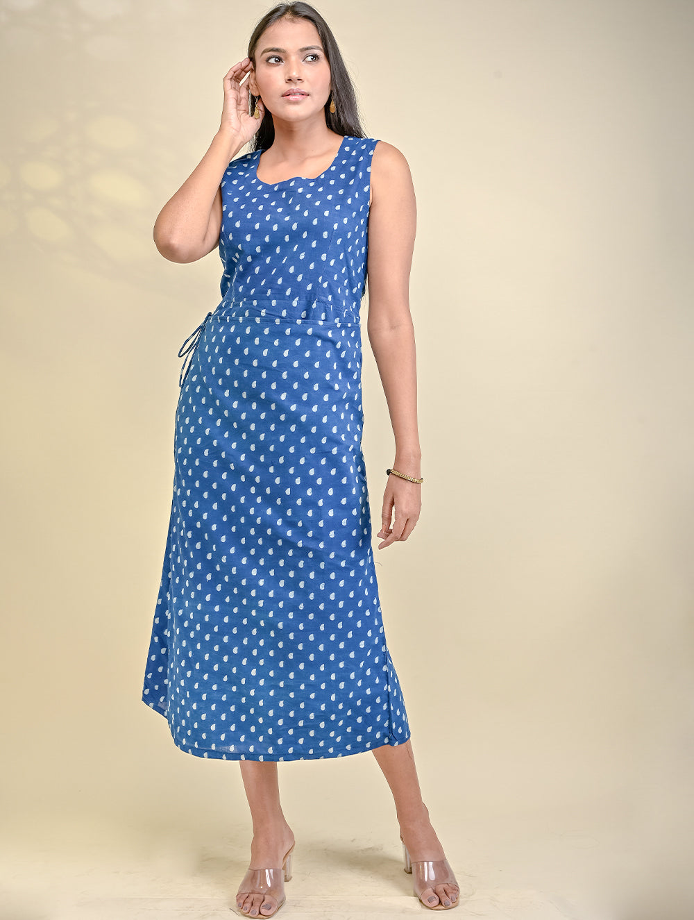 Load image into Gallery viewer, Dabu Block Printed Long Dress With Front Wrap Panel - Indigo Drops