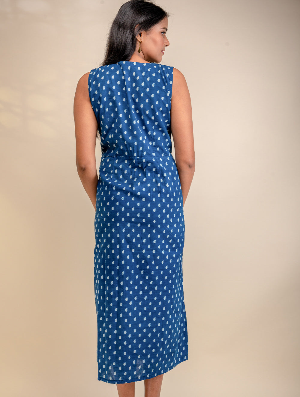 Buy Dabu Block Printed Long Dress With Front Wrap Panel - Indigo
