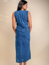 Load image into Gallery viewer, Dabu Block Printed Long Dress With Front Wrap Panel - Indigo Drops
