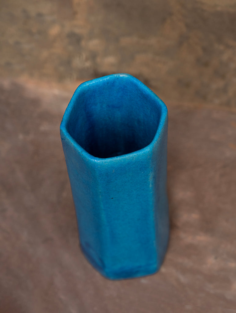 Delhi Blue Art Pottery Curio / Slim Hexagonal Vase