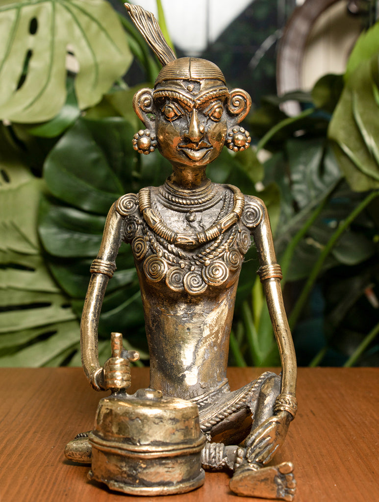 Dhokra Craft Curio (Large) - Lady with Grinder - The India Craft House 