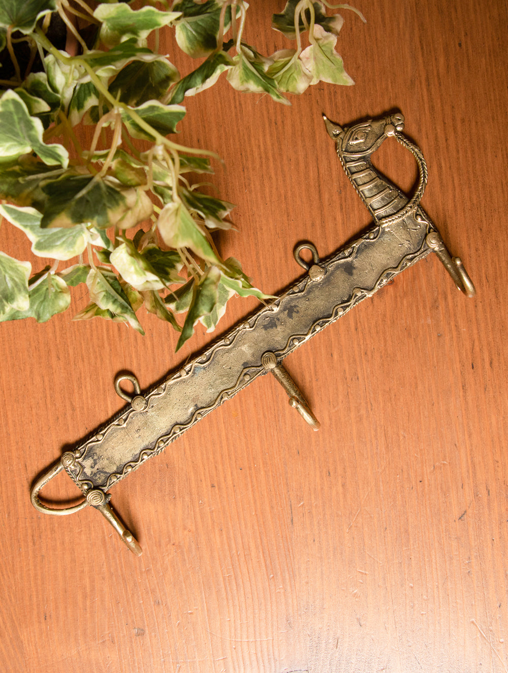 Dhokra Craft Wall Hanger - Horse (Large;  3 Hooks) - The India Craft House 