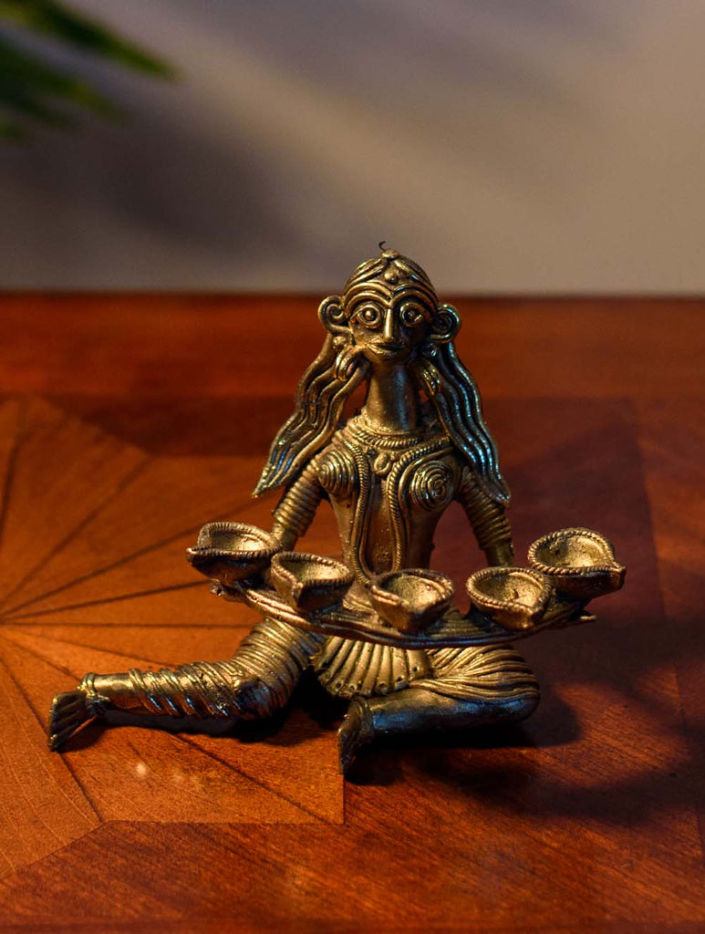 Dhokra Craft Oil Lamp / Curio - Panchvati Diya, Lady