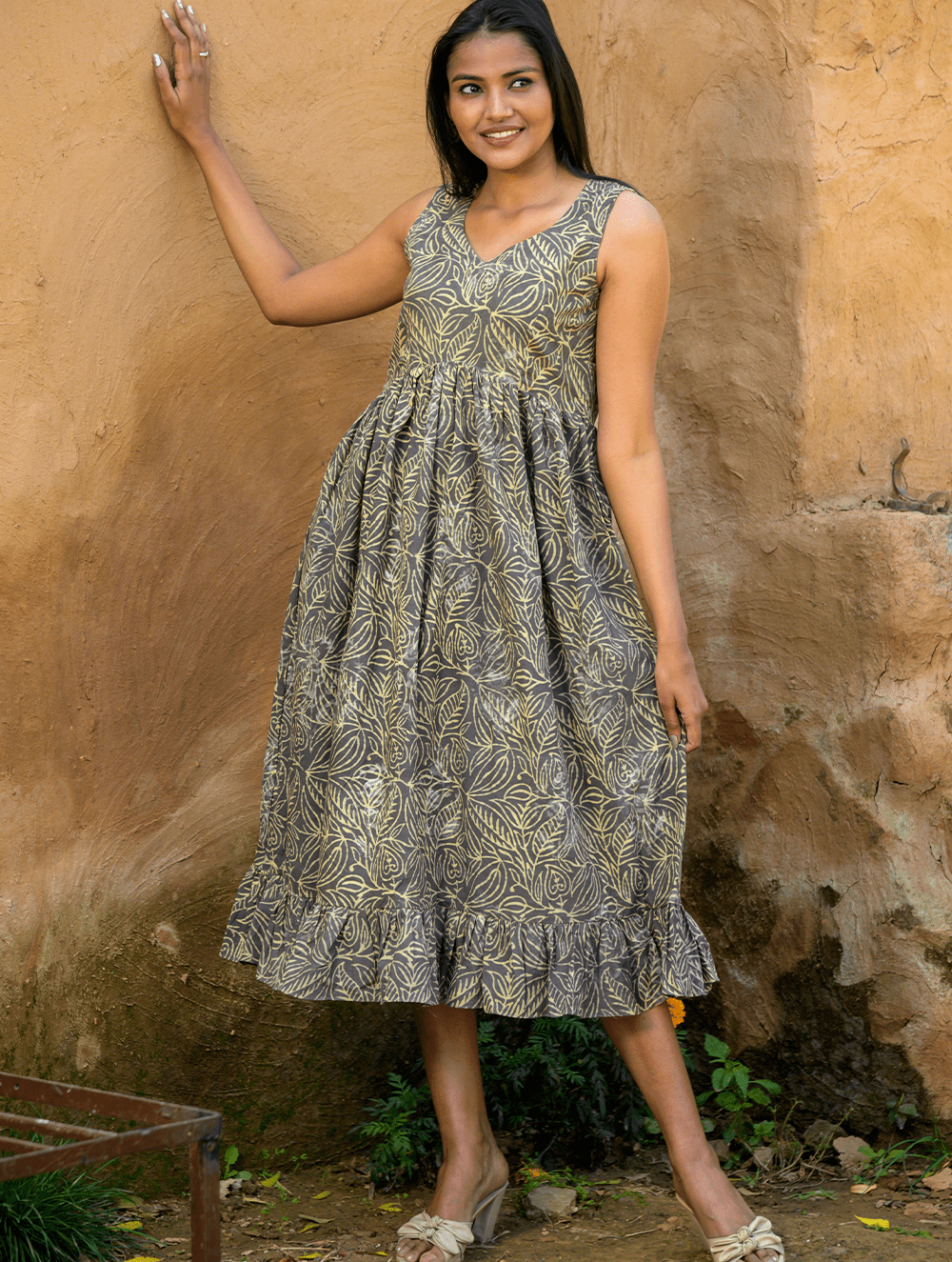 Earth DabuBlockPrintedBustierFrillDress BrownFloral