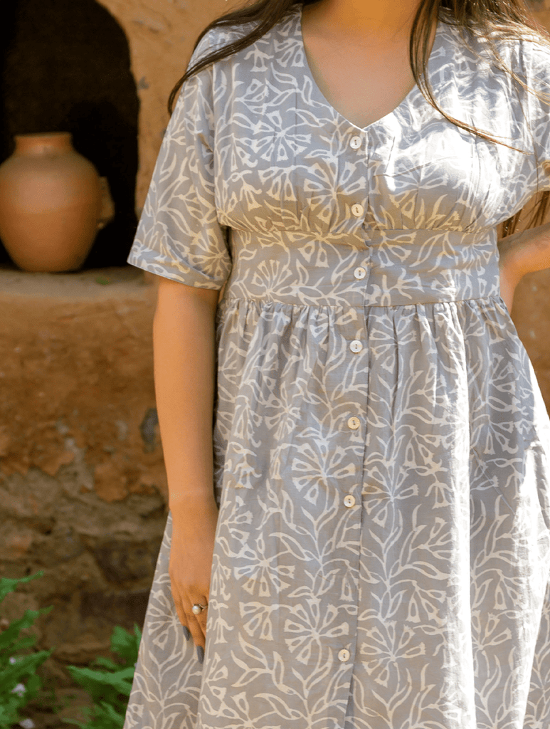 Earth - Dabu Block Printed Dress, Grey Flowers