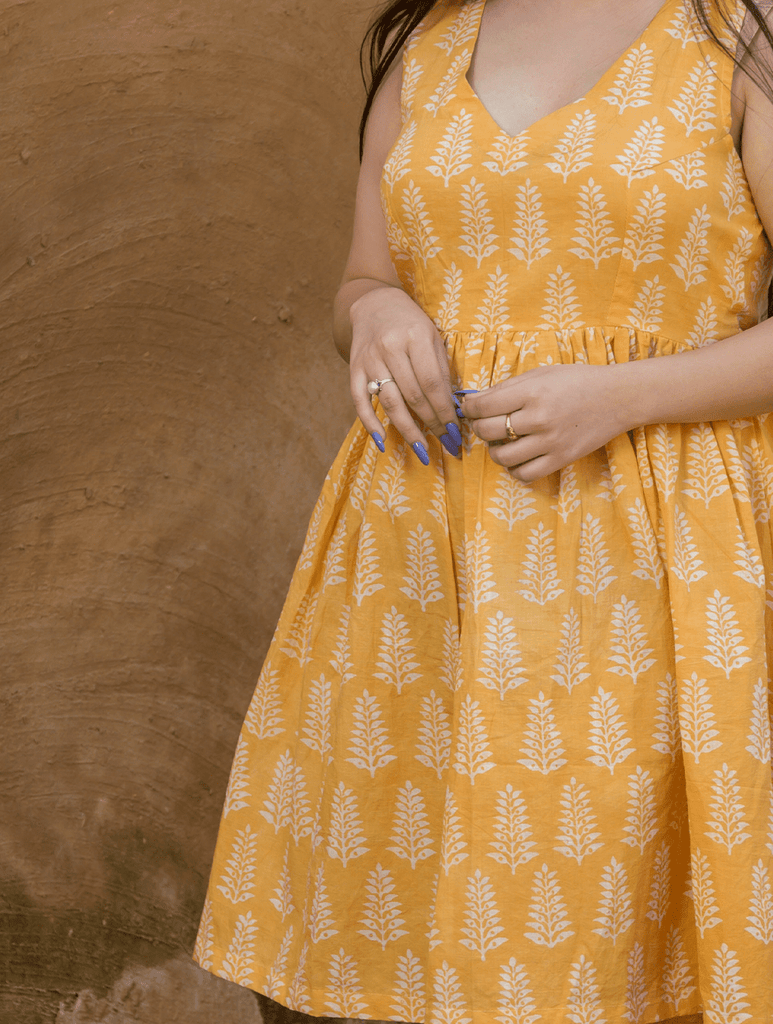 Earth - Dabu Block Printed Short Dress, Sunny Florals