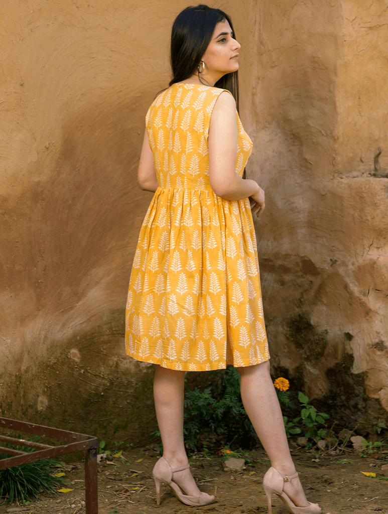 Earth - Dabu Block Printed Short Dress, Sunny Florals
