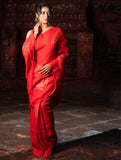 Elegance in Linen. Handwoven Linen Saree - Floral Red & Gold Butis (BP)