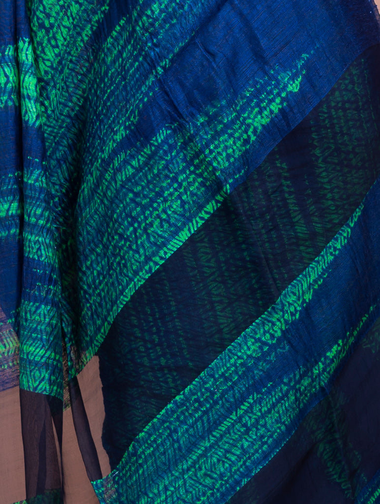 Elegant Bengal Handwoven Matka Silk Shibori Saree - Navy Blue & Green