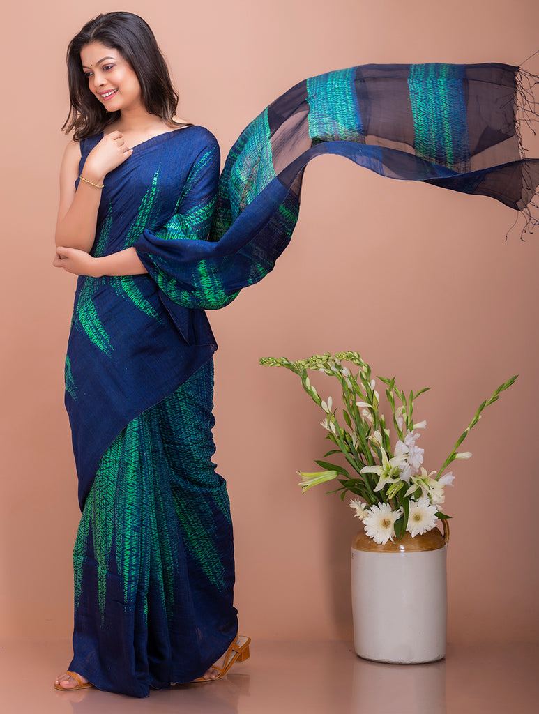 Elegant Bengal Handwoven Matka Silk Shibori Saree - Navy Blue & Green