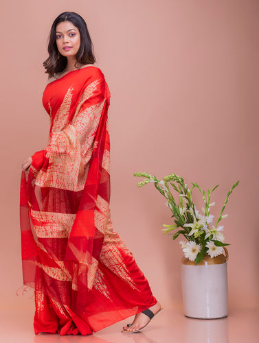 Elegant Bengal Handwoven Matka Silk Shibori Saree - Red & White