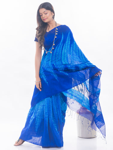 Elegant Bengal Handwoven Matka Silk Shibori Saree - Royal Blue