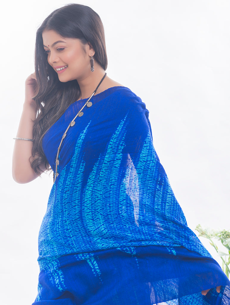 Elegant Bengal Handwoven Matka Silk Shibori Saree - Royal Blue