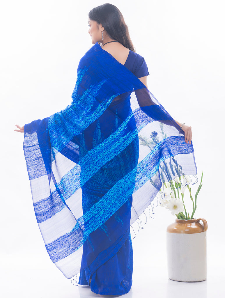Elegant Bengal Handwoven Matka Silk Shibori Saree - Royal Blue