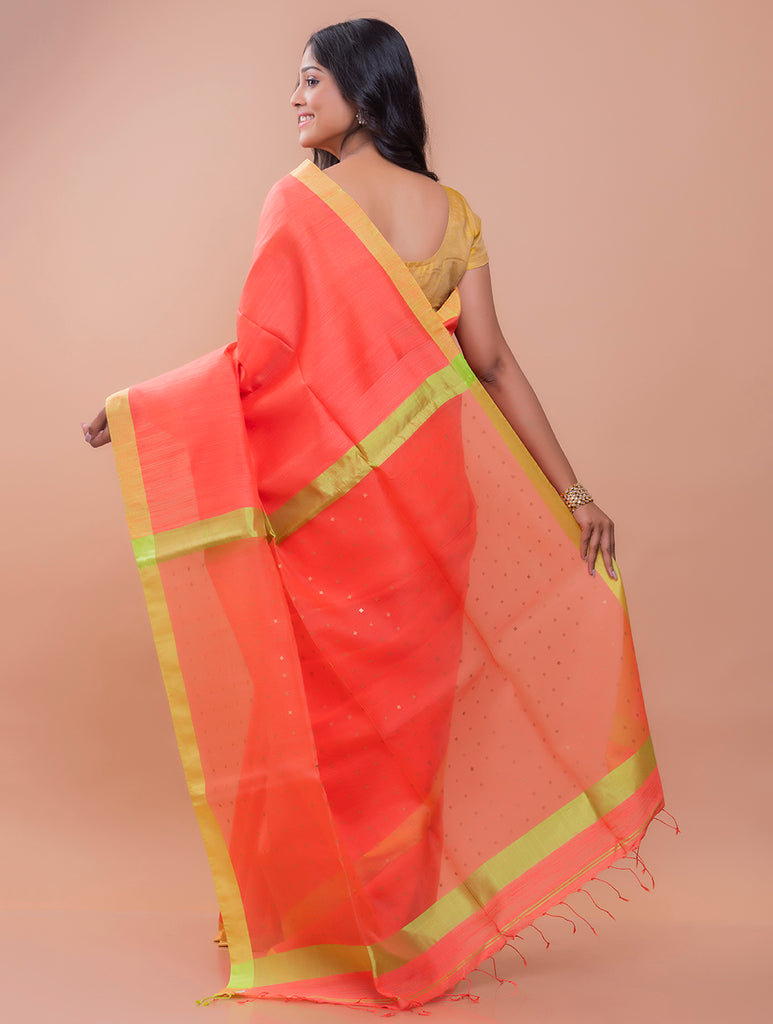 Elegant Resham Matka  Bengal  Silk Saree - Peach & Lime  