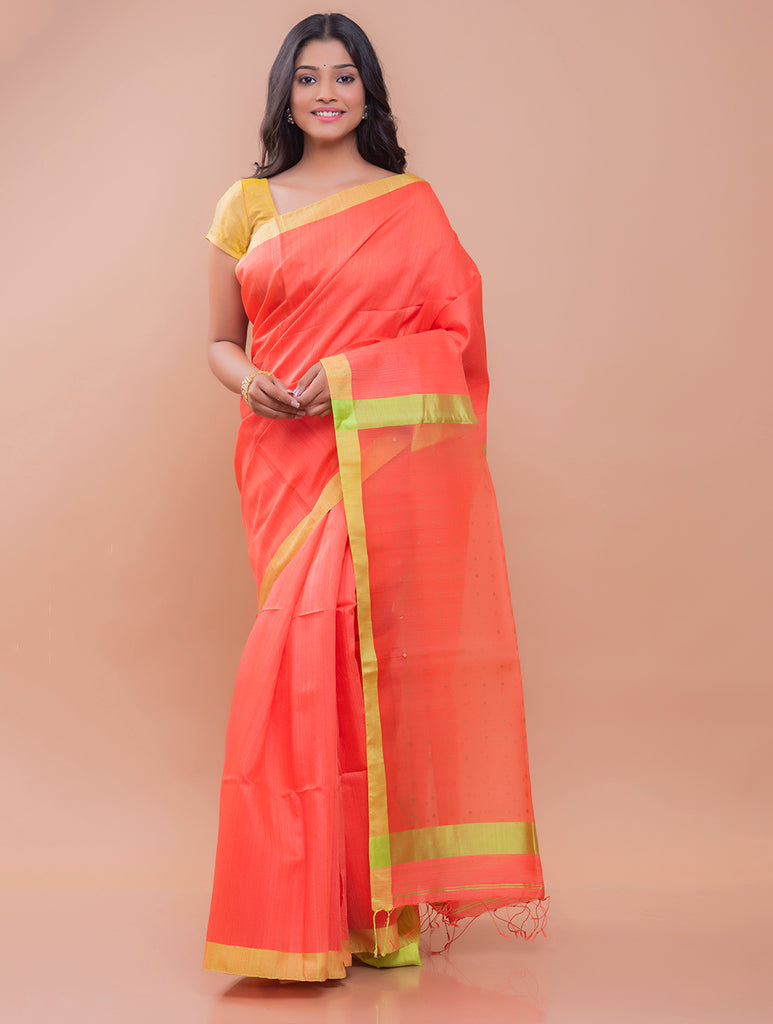 Elegant Resham Matka  Bengal  Silk Saree - Peach & Lime  