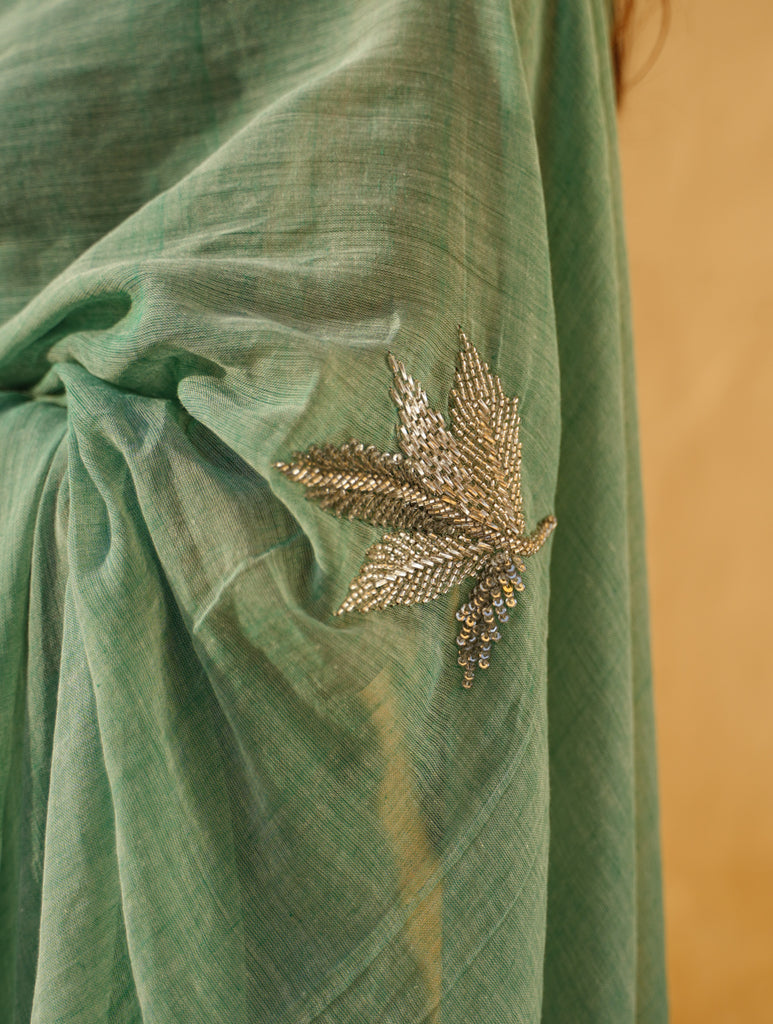 Elegant, Fine, Soft Handwoven Mul & Zardozi Embroidered Saree & Blouse Set - Sea Green & Silver