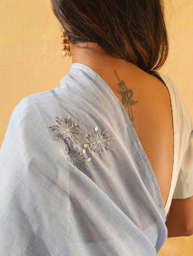 Elegant, Fine, Soft Handwoven Mul & Zardozi Embroidered Saree & Blouse Set - Soft Blue & Silver