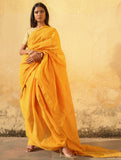 Elegant, Fine, Soft Handwoven Mul & Zardozi Embroidered Saree & Blouse Set - Yellow & Gold