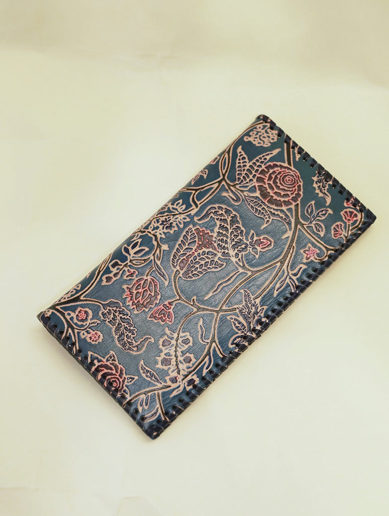 Embossed Leather Wallet - Blue & Red Floral