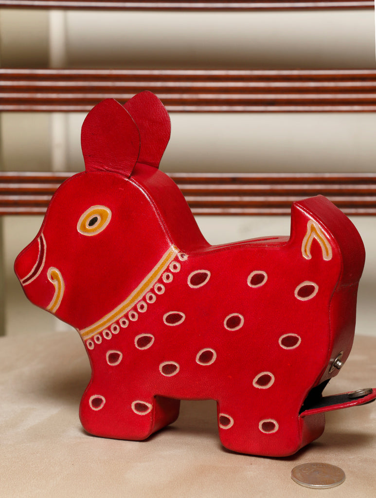 Embossed Leather - Piggy Bank, Puppy, with Button, Multicoloured - The India Craft House 