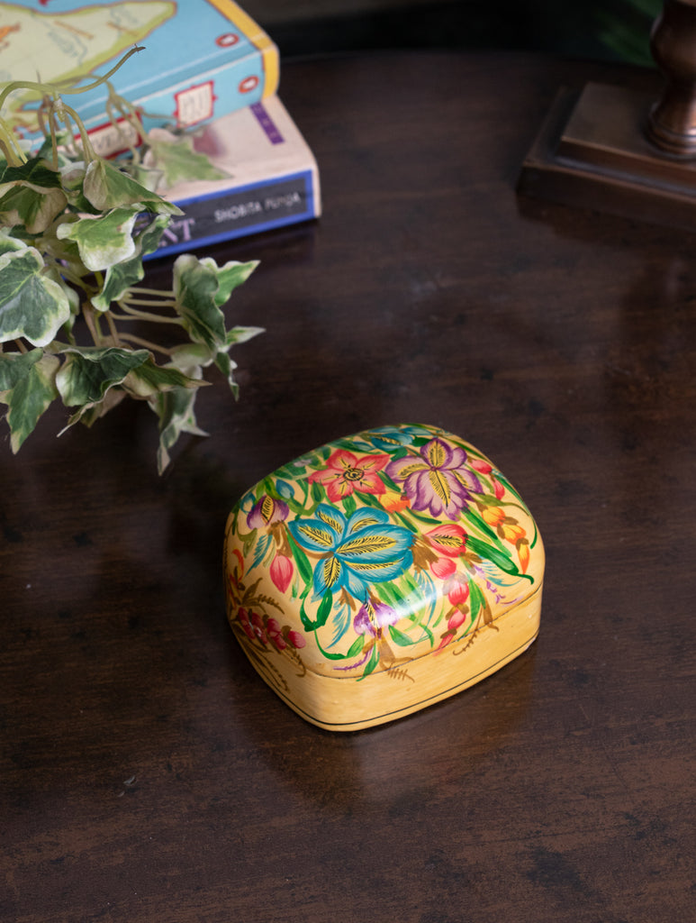 Exclusive Kashmiri Art Papier Mache Decorative Box - Small; Soft Yellow Floral - The India Craft House 