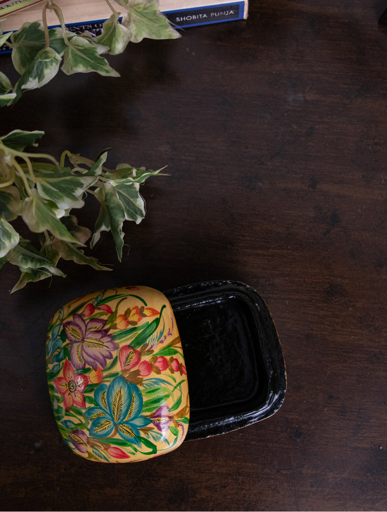 Exclusive Kashmiri Art Papier Mache Decorative Box - Small; Soft Yellow Floral - The India Craft House 