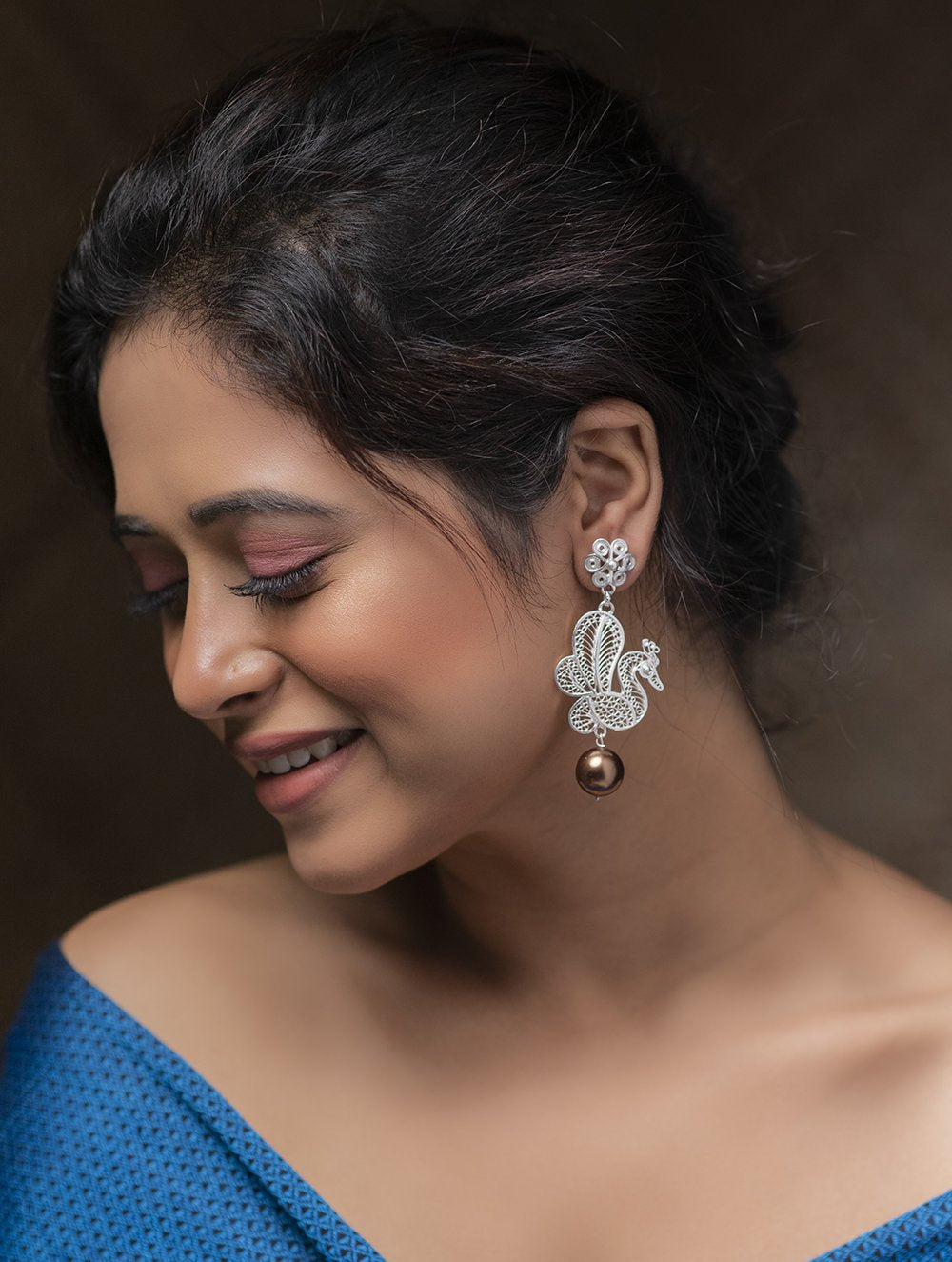 Load image into Gallery viewer, Exclusive Sterling Silver Filigree Earrings - Large Peacock Danglers with Pearl Drops