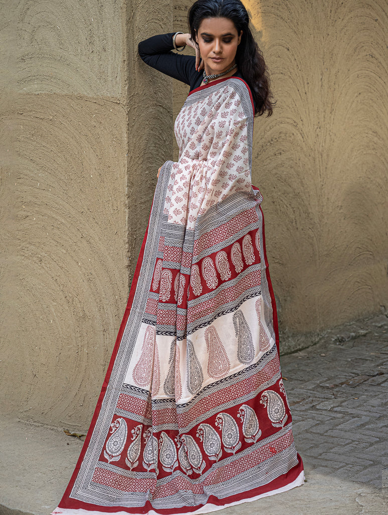 Exclusive Bagh Hand Block Printed Cotton Saree - Beige Floral