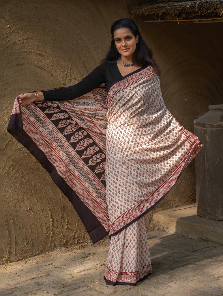 Exclusive Bagh Hand Block Printed Cotton Saree - Beige Flowers