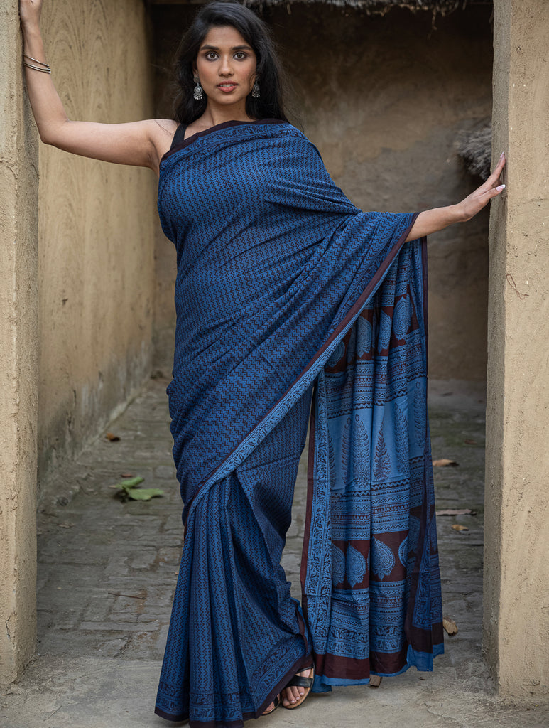 Exclusive Bagh Hand Block Printed Cotton Saree - Blue ZigZags