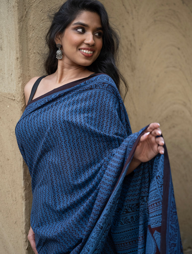 Exclusive Bagh Hand Block Printed Cotton Saree - Blue ZigZags