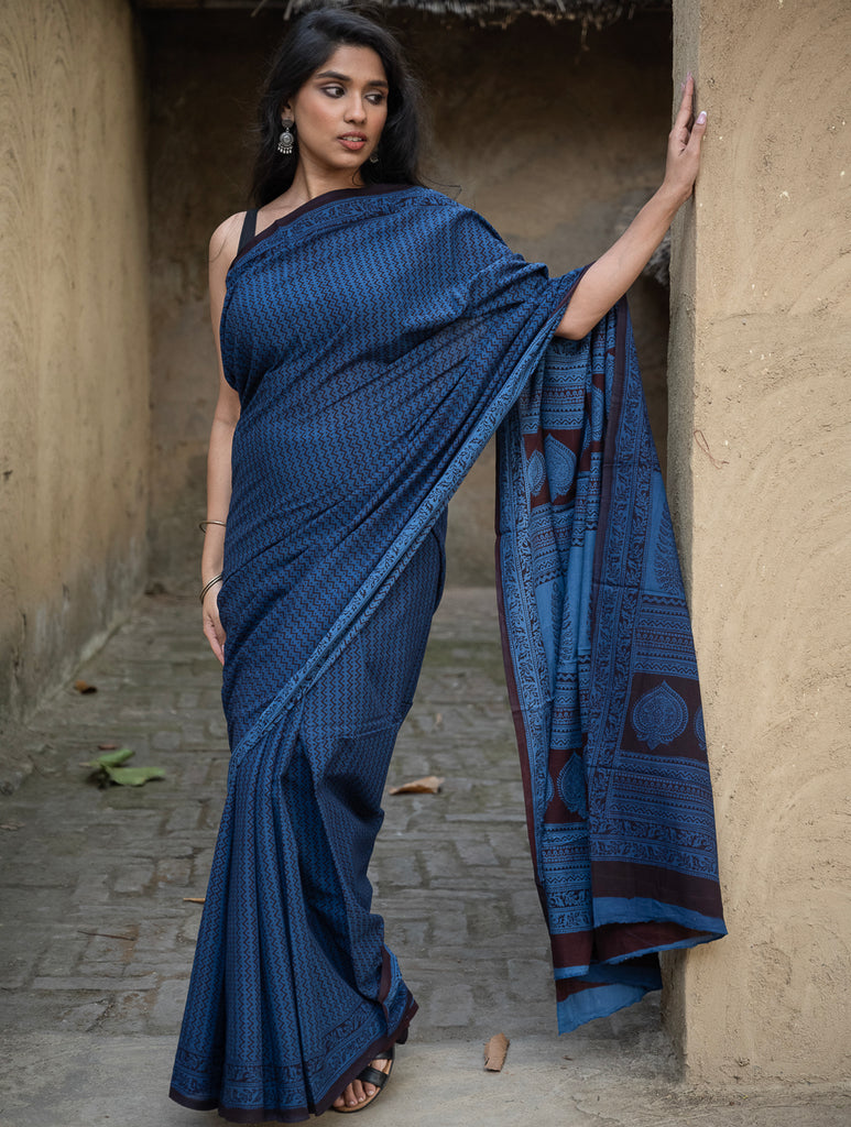 Exclusive Bagh Hand Block Printed Cotton Saree - Blue ZigZags
