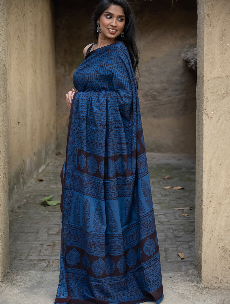 Exclusive Bagh Hand Block Printed Cotton Saree - Blue ZigZags