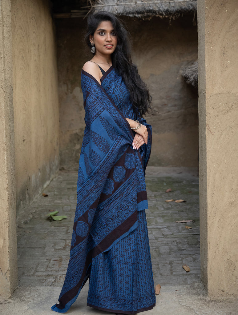 Exclusive Bagh Hand Block Printed Cotton Saree - Blue ZigZags