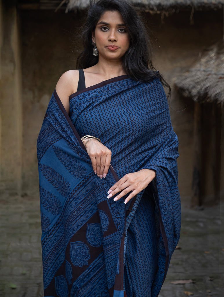 Exclusive Bagh Hand Block Printed Cotton Saree - Blue ZigZags